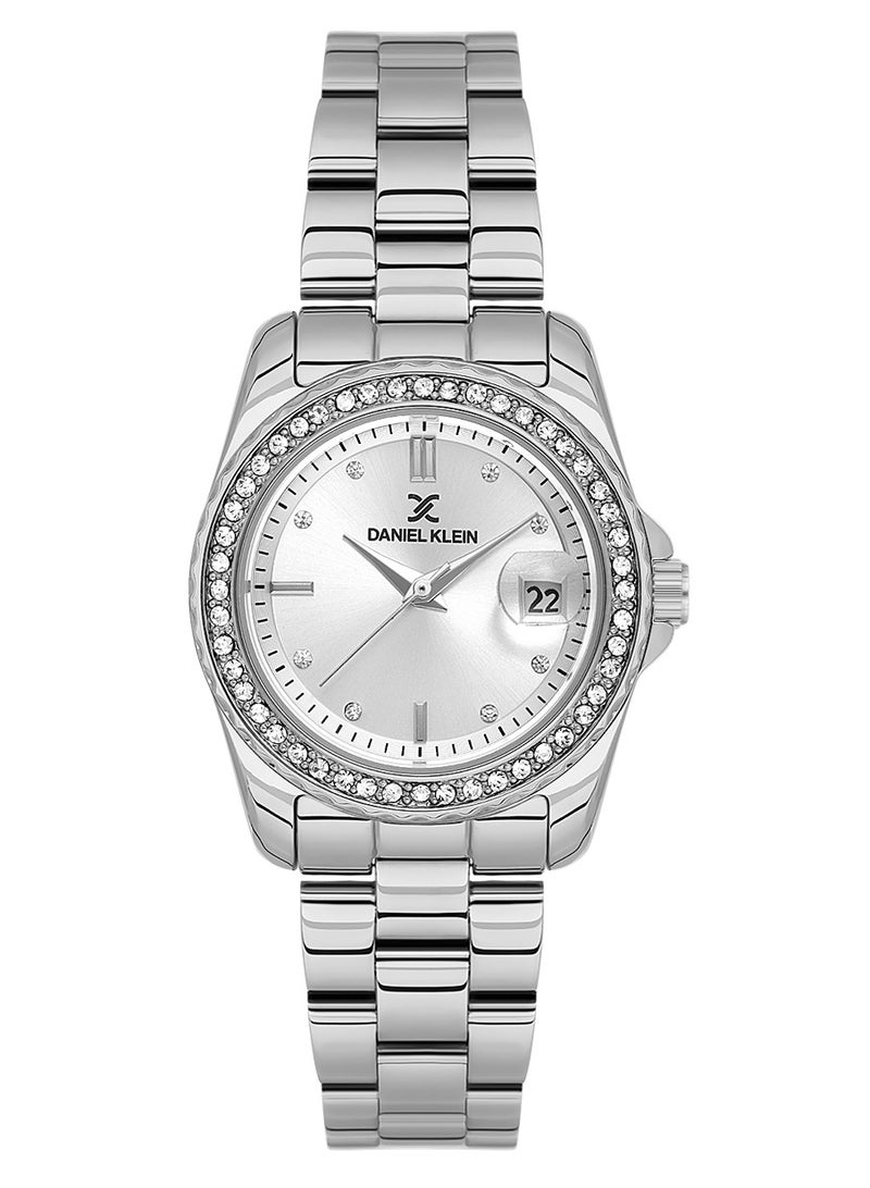 دانيل كلاين ساعة نسائية ستانلس ستيل | هيكل من سبيكة فضية | تناظري | قرص دائري فضي بنقشة مشع | حركة كوارتز يابانية | فاخرة | مقاومة للماء حتى عمق 30 مترًا - Image 1